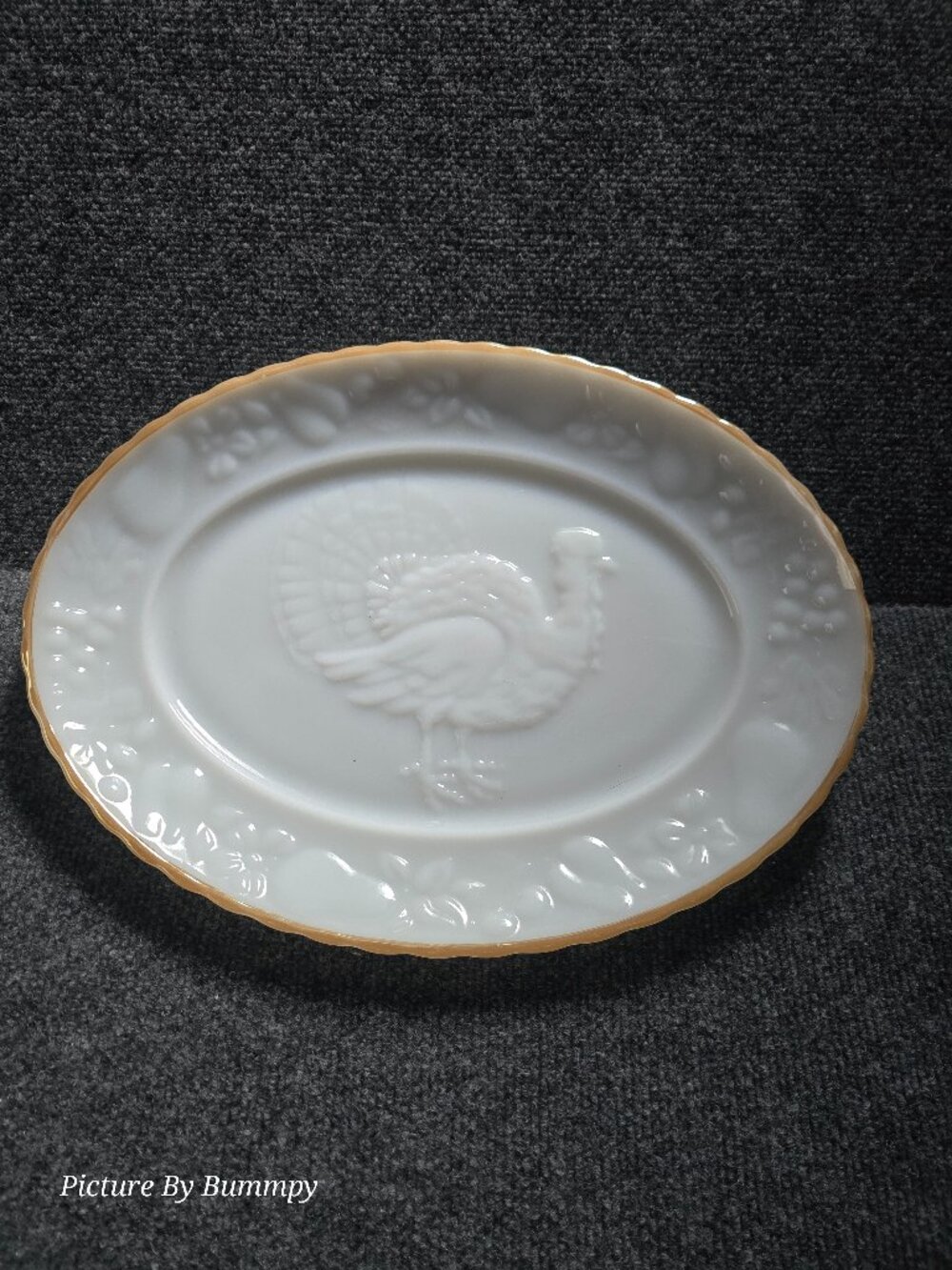 Vintage Anchor Hocking Milk Glass Turkey Platter - Peach Luster Trim 1970s